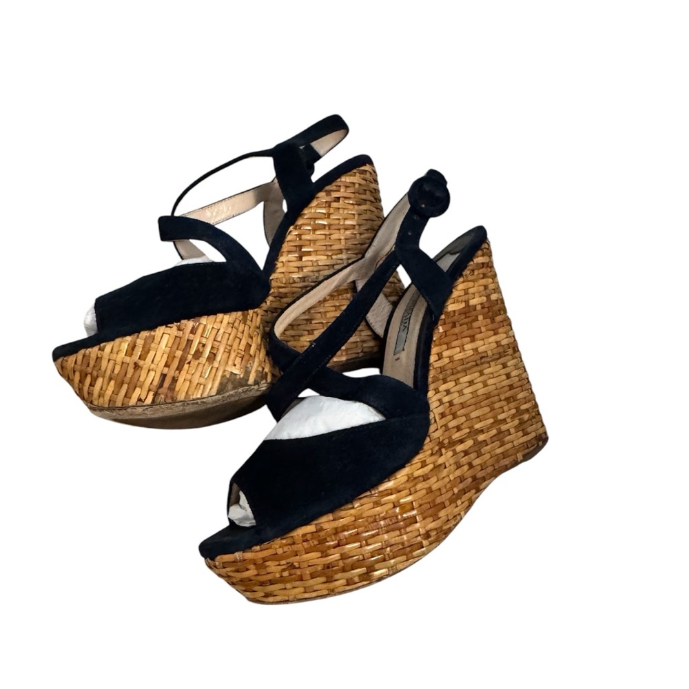 Prada Navy Suede Wicker Wedge Sandal. Size 5.5